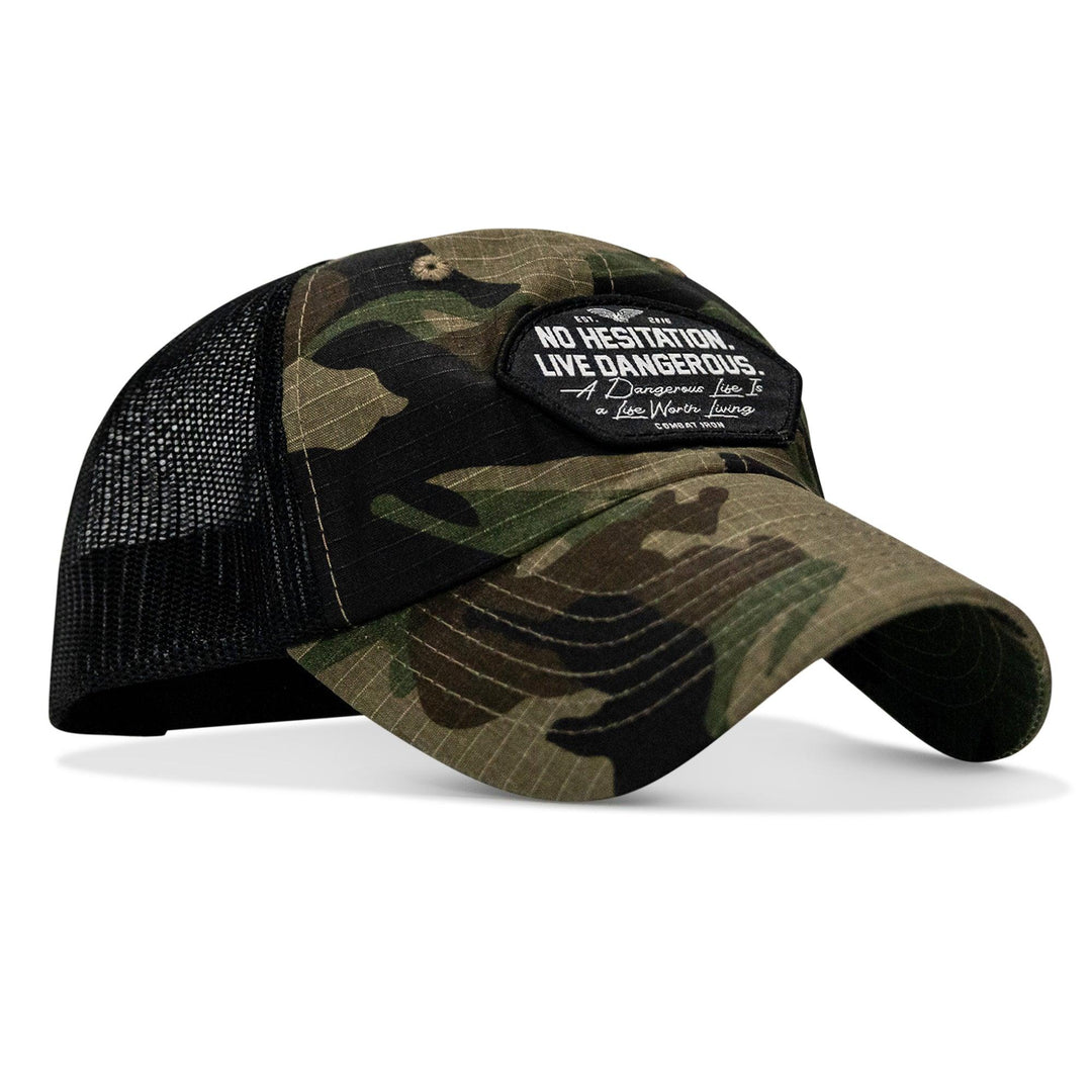 One Revolver Surfboards - No Hesitation. Live Dangerous Patch Tactical Ripstop Mesh Snapback Hat HEADWEAR