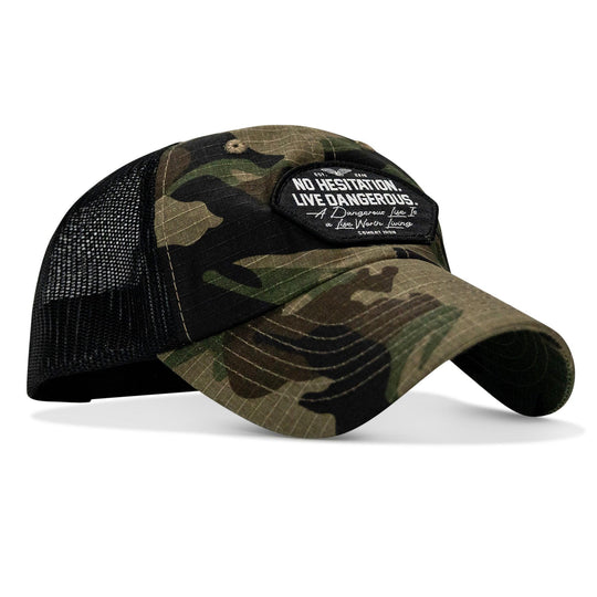 One Revolver Surfboards - No Hesitation. Live Dangerous Patch Tactical Ripstop Mesh Snapback Hat HEADWEAR
