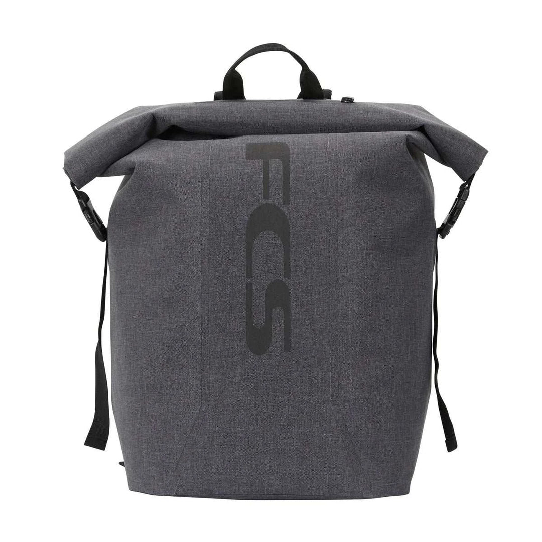 a grey backpack with a black logo on it