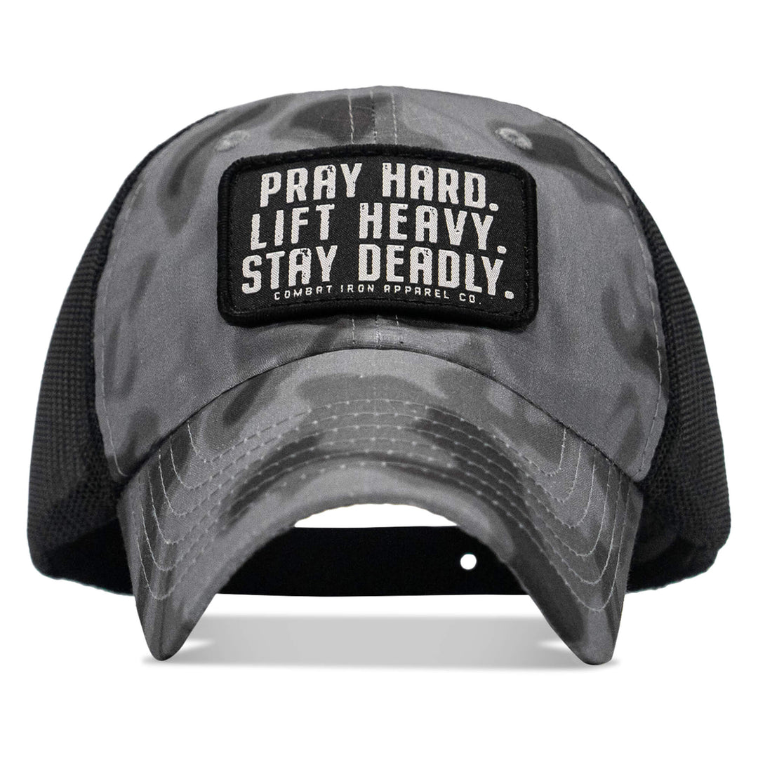 One Revolver Surfboards - Pray Hard. Lift Heavy. Stay Deadly. Patch Tactical Ripstop Mesh Snapback Hat HEADWEAR