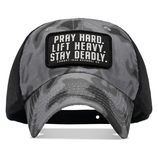 One Revolver Surfboards - Pray Hard. Lift Heavy. Stay Deadly. Patch Tactical Ripstop Mesh Snapback Hat HEADWEAR