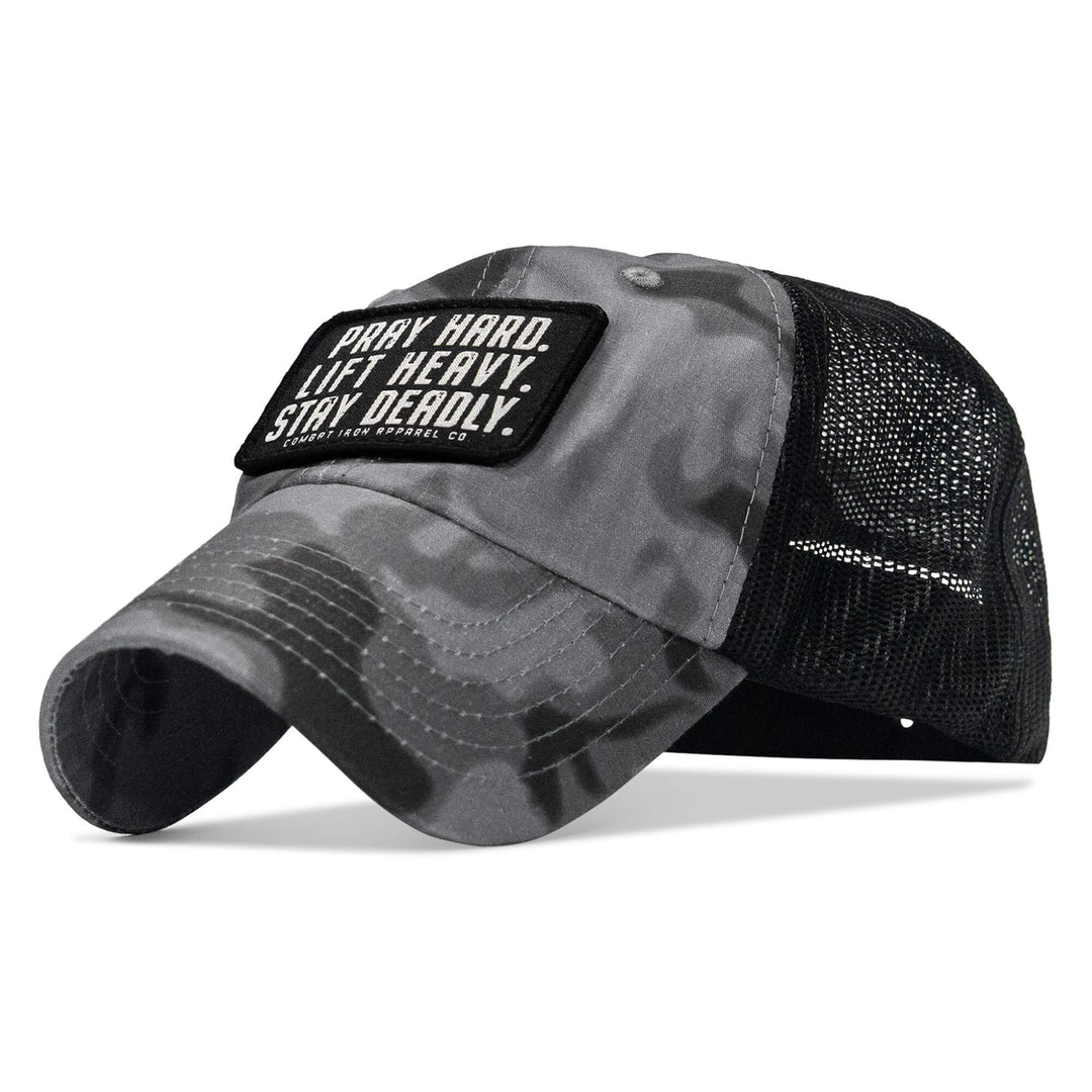 One Revolver Surfboards - Pray Hard. Lift Heavy. Stay Deadly. Patch Tactical Ripstop Mesh Snapback Hat HEADWEAR