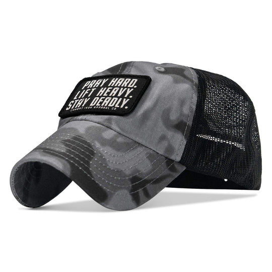 One Revolver Surfboards - Pray Hard. Lift Heavy. Stay Deadly. Patch Tactical Ripstop Mesh Snapback Hat HEADWEAR