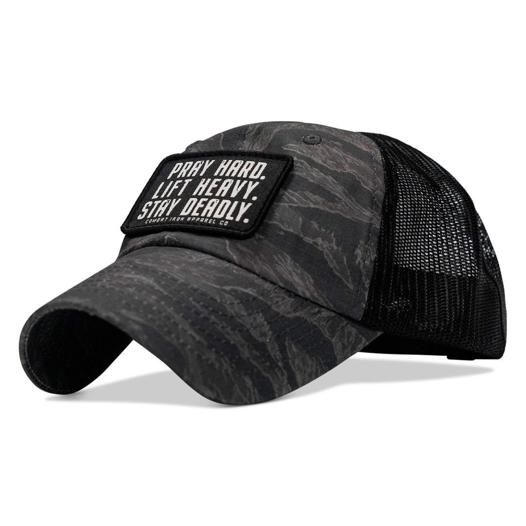 One Revolver Surfboards - Pray Hard. Lift Heavy. Stay Deadly. Patch Tactical Ripstop Mesh Snapback Hat HEADWEAR