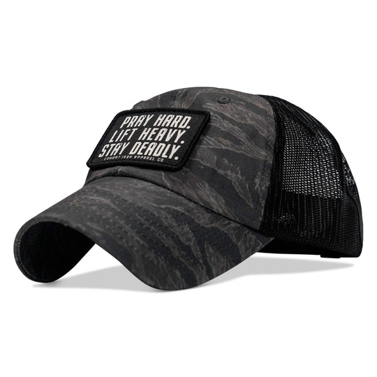 One Revolver Surfboards - Pray Hard. Lift Heavy. Stay Deadly. Patch Tactical Ripstop Mesh Snapback Hat HEADWEAR