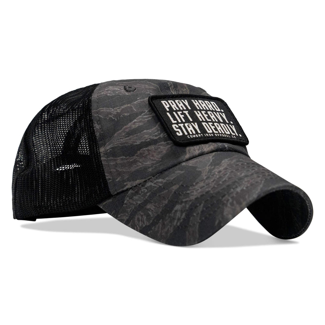One Revolver Surfboards - Pray Hard. Lift Heavy. Stay Deadly. Patch Tactical Ripstop Mesh Snapback Hat HEADWEAR