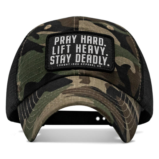One Revolver Surfboards - Pray Hard. Lift Heavy. Stay Deadly. Patch Tactical Ripstop Mesh Snapback Hat HEADWEAR