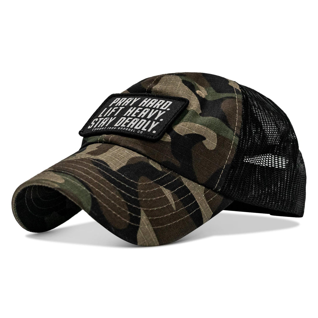 One Revolver Surfboards - Pray Hard. Lift Heavy. Stay Deadly. Patch Tactical Ripstop Mesh Snapback Hat HEADWEAR