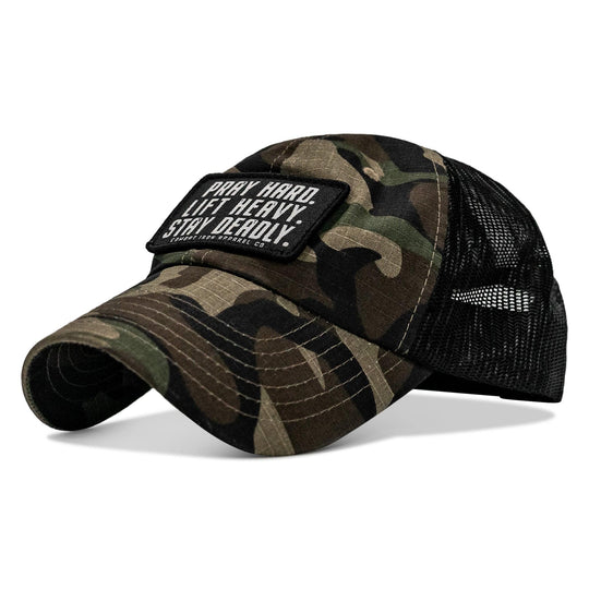 One Revolver Surfboards - Pray Hard. Lift Heavy. Stay Deadly. Patch Tactical Ripstop Mesh Snapback Hat HEADWEAR