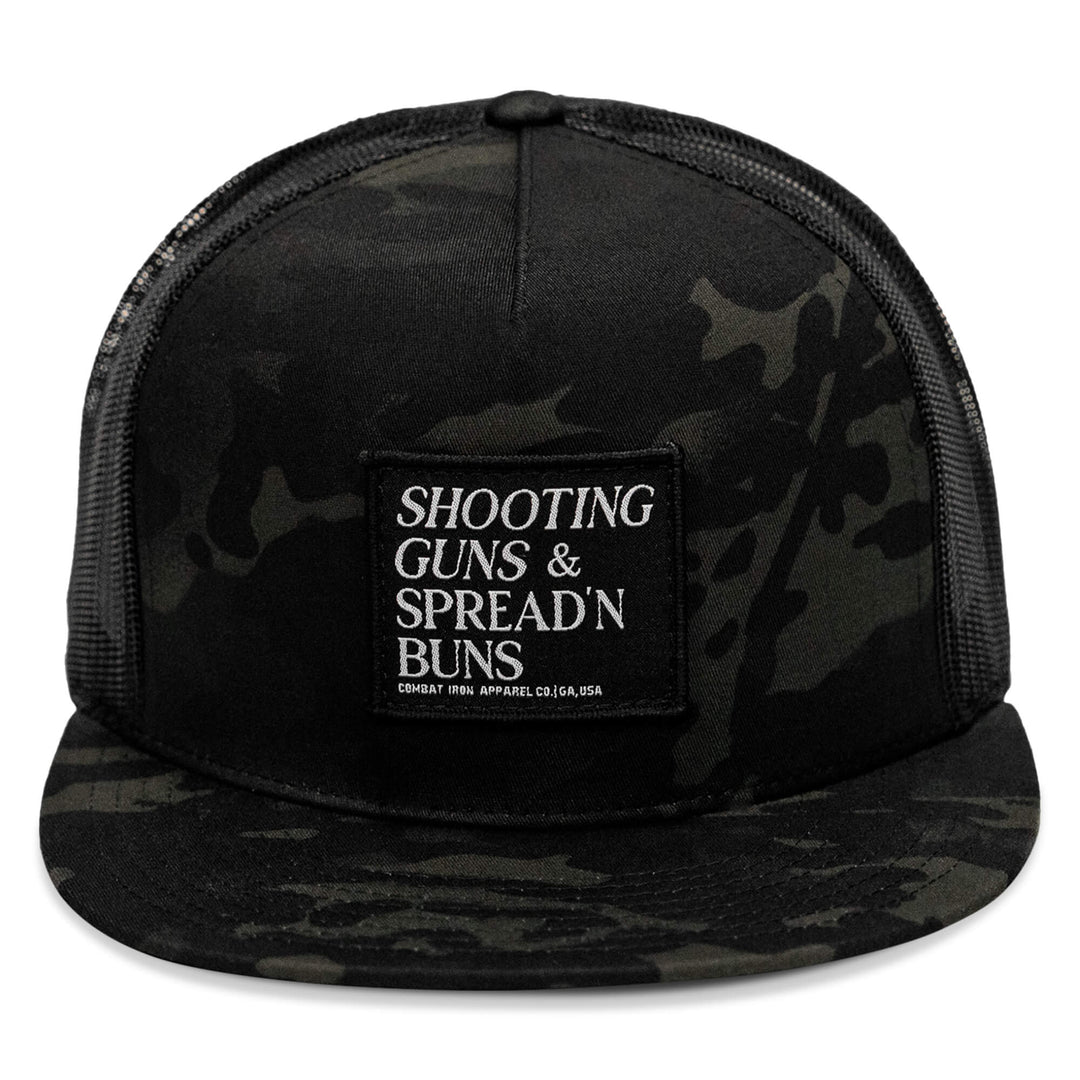 One Revolver Surfboards - Shooting Guns & Spreadin' Buns Patch Flatbill Hat HEADWEAR