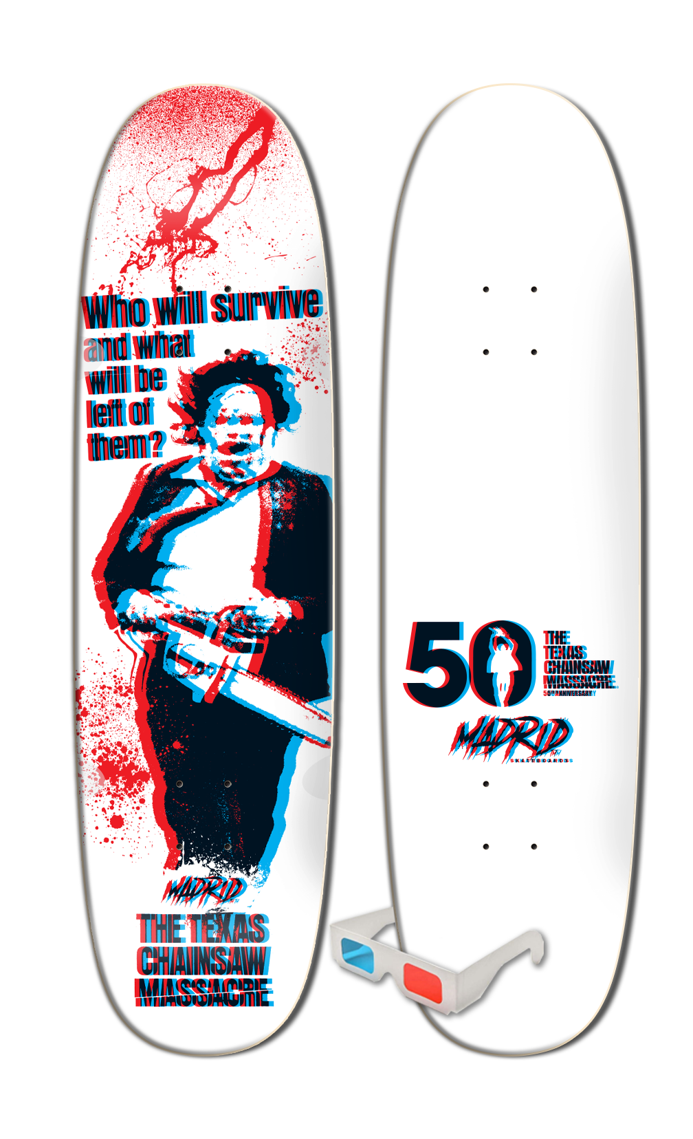 MADRID x TEXAS CHAINSAW MASSACRE SURVIVE HYBRID SHAPE 8.625" SKATEBOARD DECK W/3D GLASSES - One Revolver Surfboards