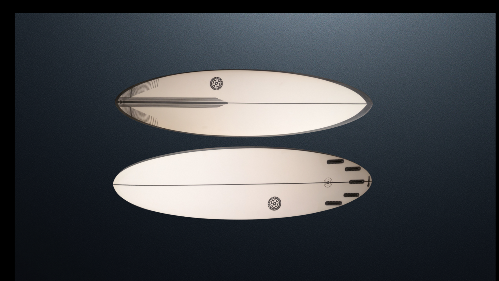 Top and bottom view of a custom white One Revolver Speed Demon surfboard with black rails, handcrafted in Menifee, California.