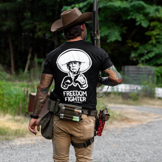 Freedom Fighter Cowboy President Trump Men's T-Shirt - GRAPHIC T-SHIRT - One Revolver Surfboards