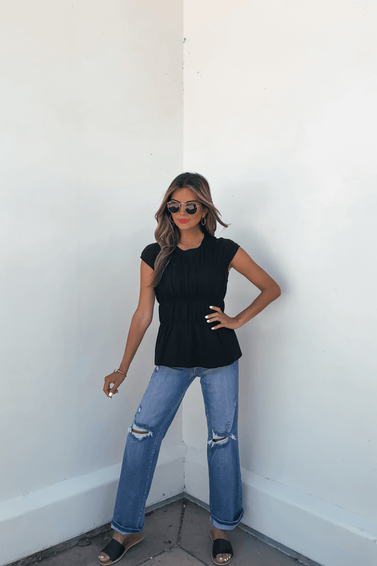 Adele Black Pleated Linen Top