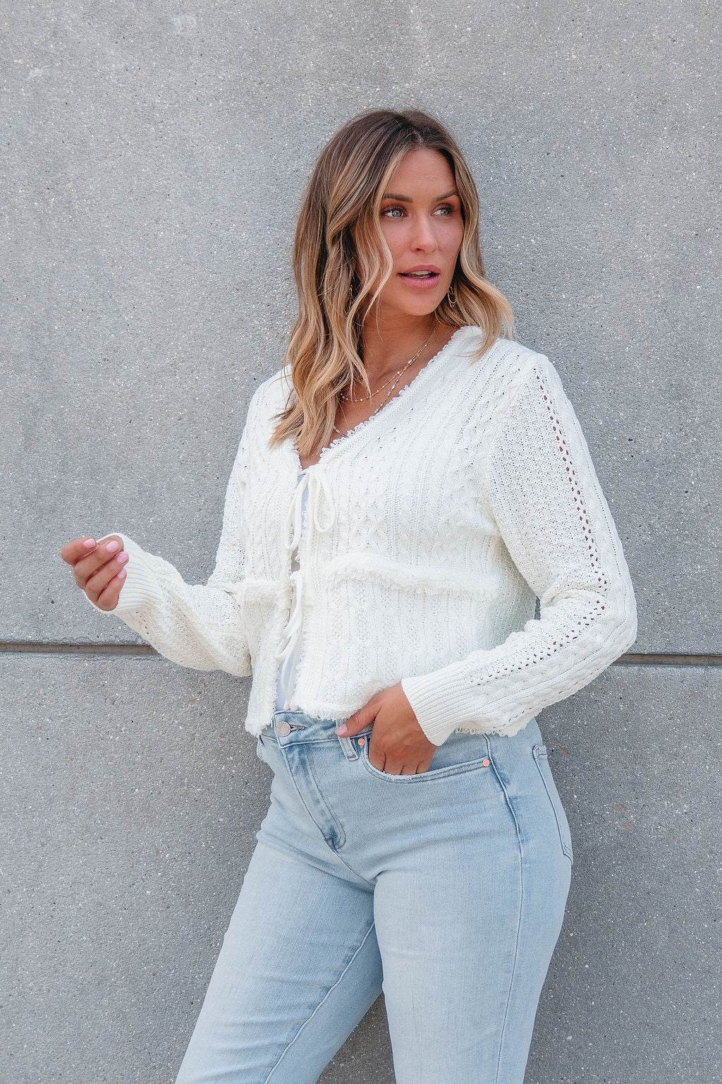 Alina Cream Crochet Tie Front Sweater Cardigan - FINAL SALE - One Revolver Surfboards