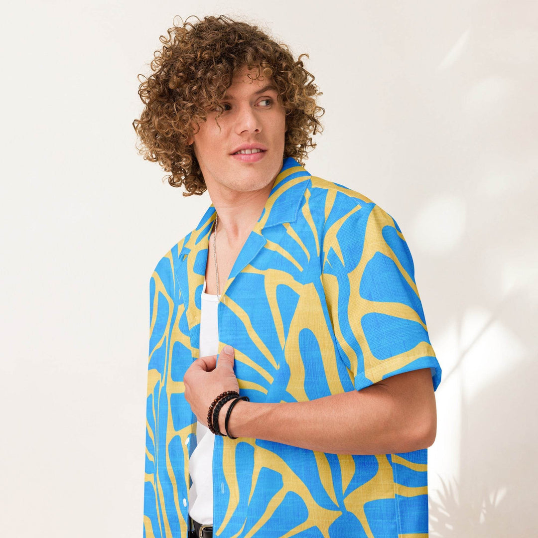 Men's Blue and Gold Ancient Floral Hawaiian Shirt - One Revolver Surfboards
