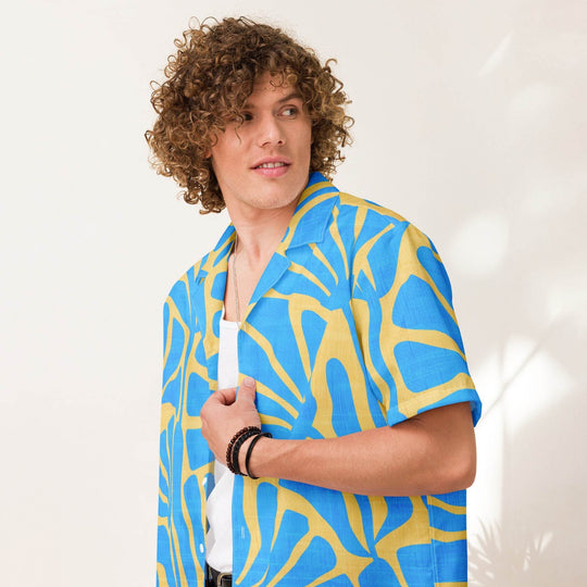 Men's Blue and Gold Ancient Floral Hawaiian Shirt - One Revolver Surfboards