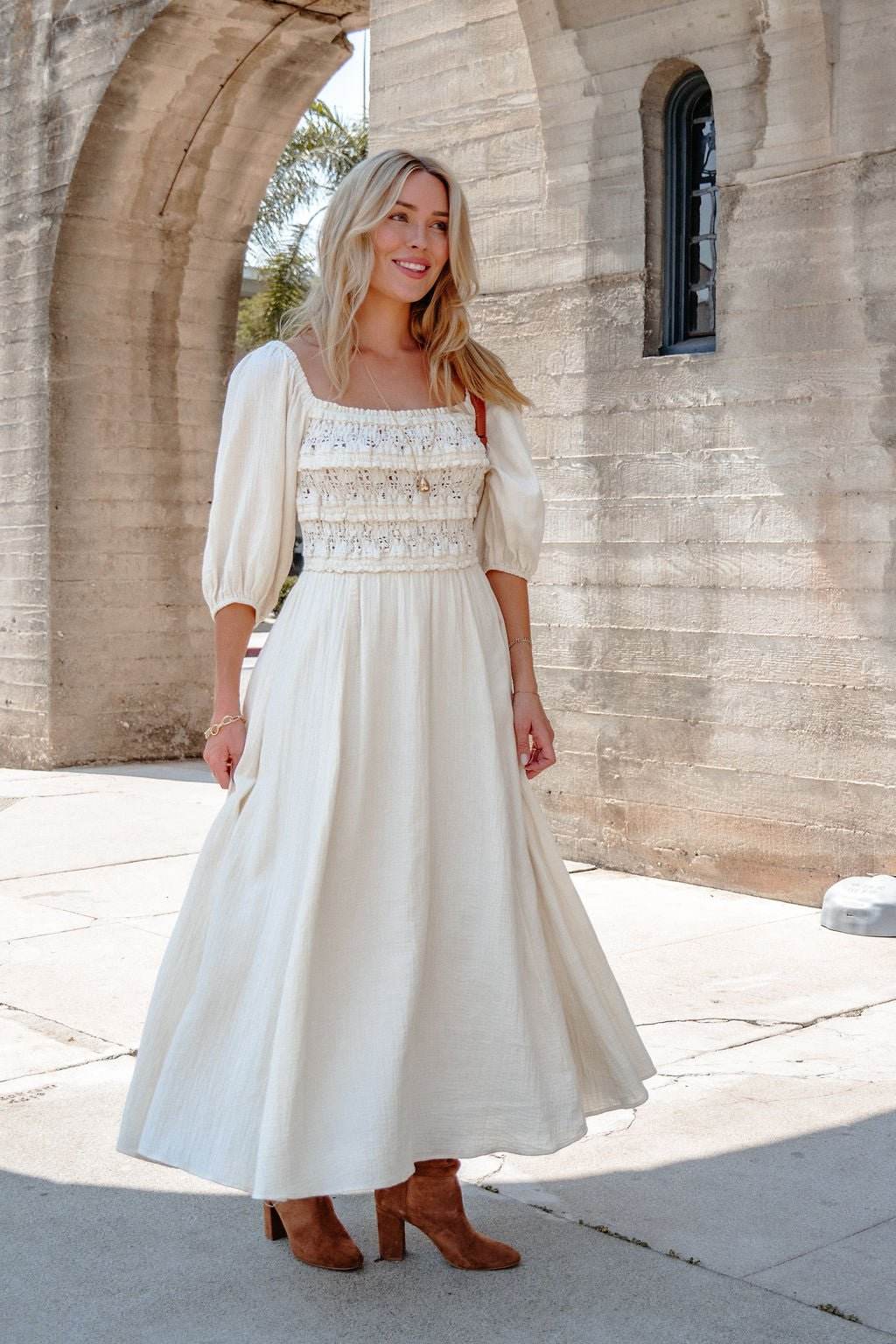 Angelica Natural Ruched Midi Dress - One Revolver Surfboards