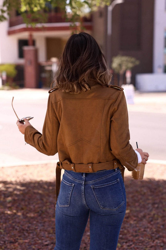Audrey Taupe Vegan Suede Moto Jacket - One Revolver Surfboards