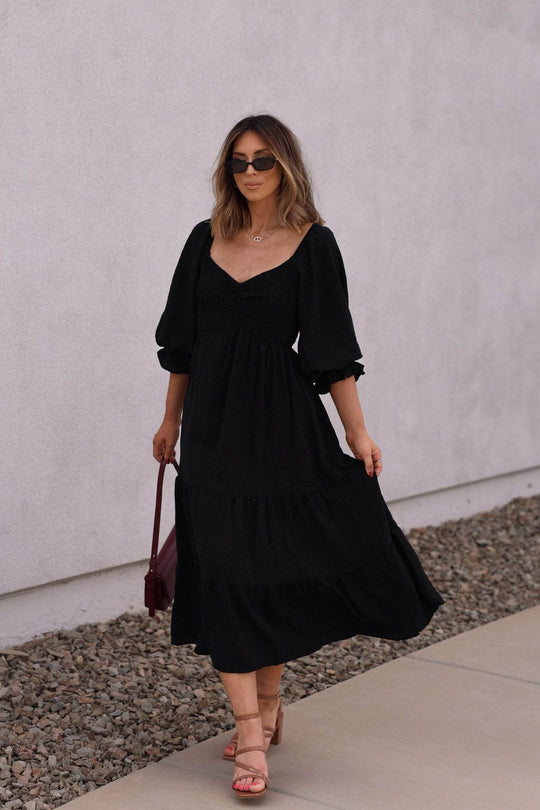 Autumn Nights Black Tiered Midi Dress - One Revolver Surfboards