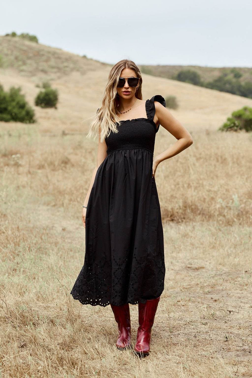 Backroad Beauty Smocked Midi Dress - Black - DOORBUSTER - One Revolver Surfboards