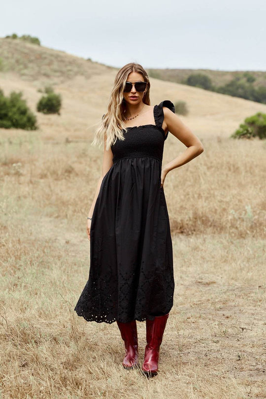 Backroad Beauty Smocked Midi Dress - Black - DOORBUSTER - One Revolver Surfboards