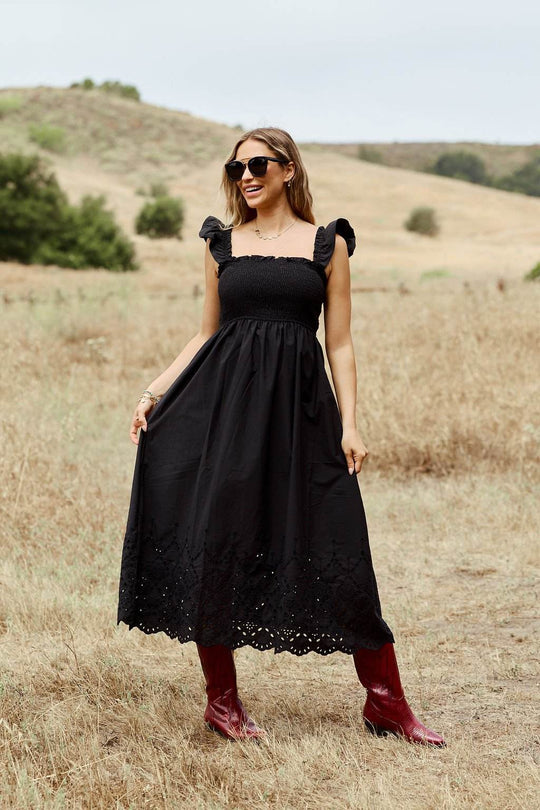 Backroad Beauty Smocked Midi Dress - Black - DOORBUSTER - One Revolver Surfboards