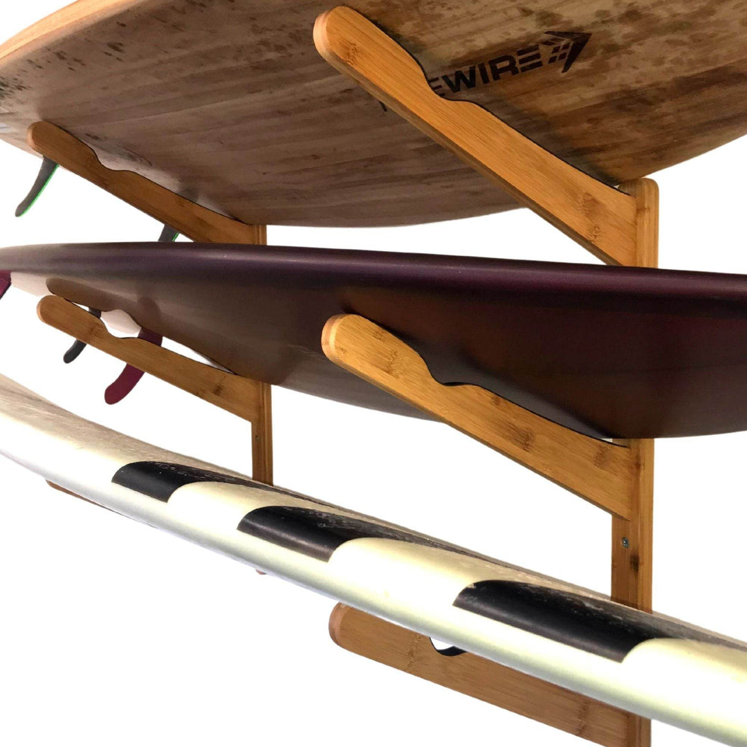 Triple Surfboard Wall Rack | Bamboo Rack Perfect for Surf, Wakeboards, Snowboards, Skateboards - One Revolver Surfboards