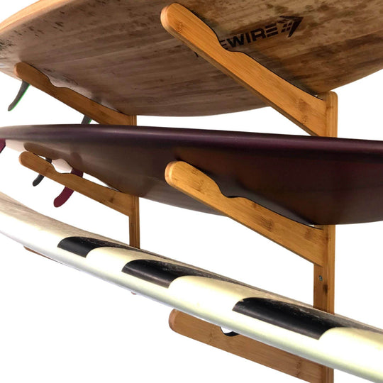 Triple Surfboard Wall Rack | Bamboo Rack Perfect for Surf, Wakeboards, Snowboards, Skateboards - One Revolver Surfboards