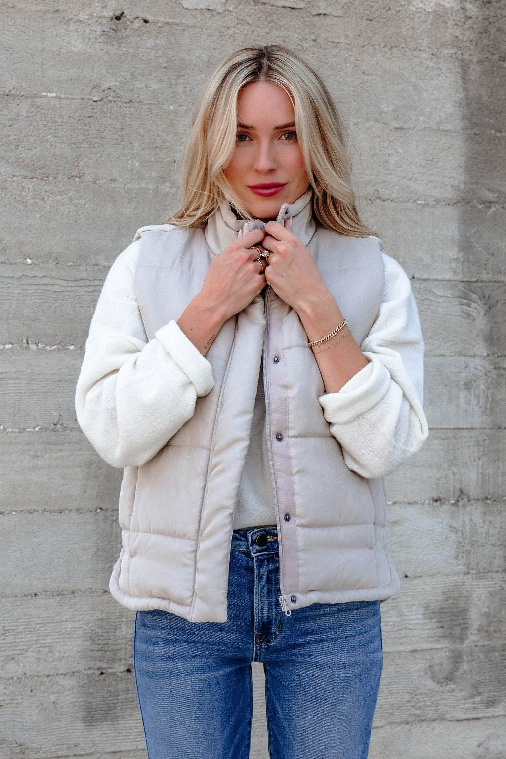 Beige Button Up Puffer Vest - One Revolver Surfboards