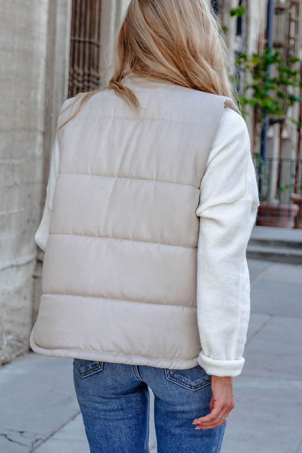 Beige Button Up Puffer Vest - One Revolver Surfboards