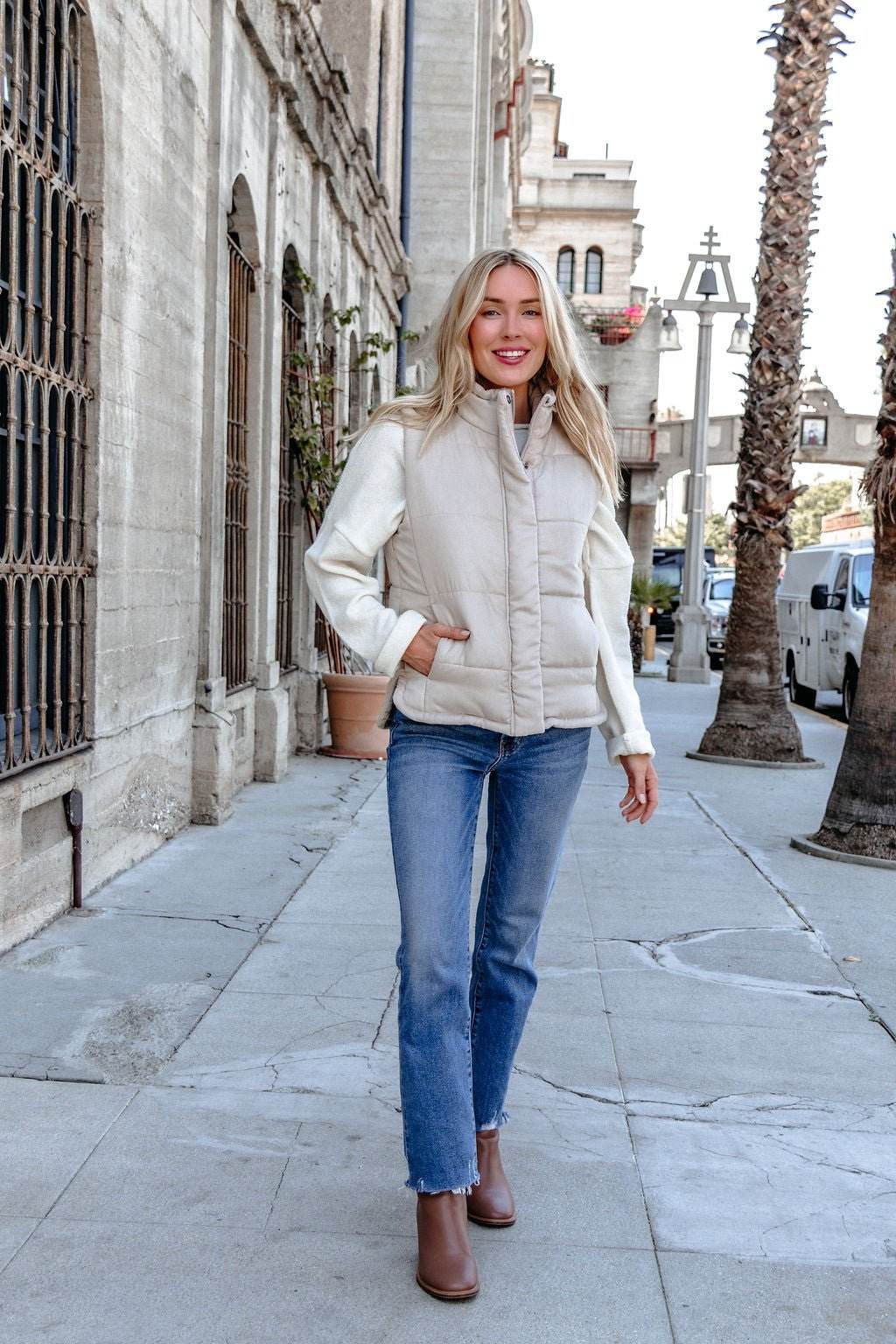 Beige Button Up Puffer Vest - One Revolver Surfboards