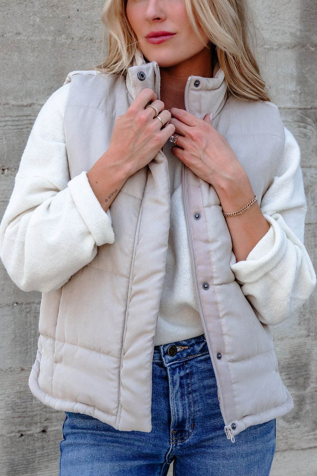 Beige Button Up Puffer Vest - One Revolver Surfboards