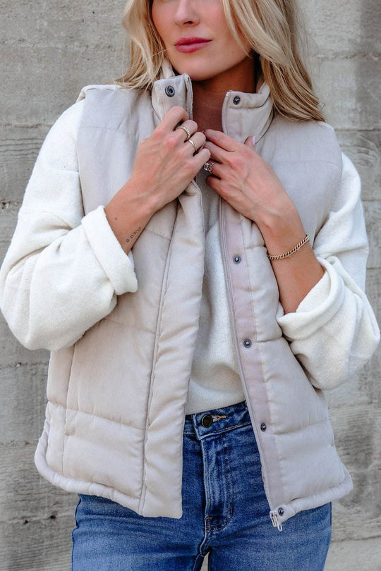 Beige Button Up Puffer Vest - One Revolver Surfboards