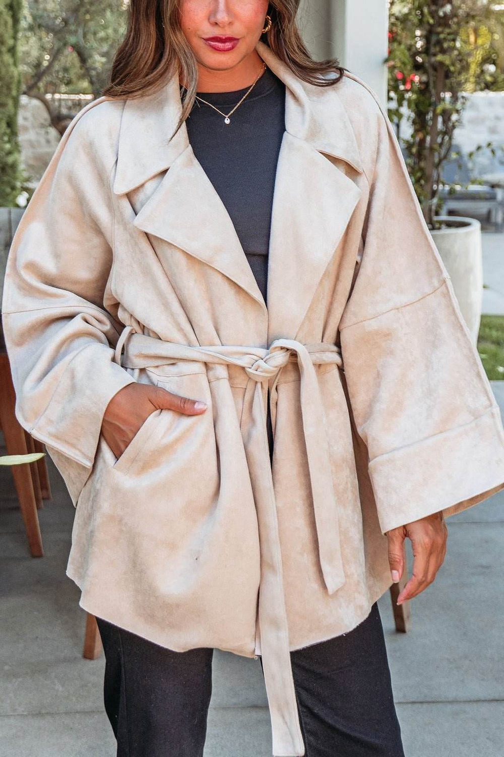 Beige Faux Suede Belted Coat - One Revolver Surfboards