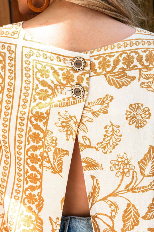 Beige Floral Print Open Back Linen Top - FINAL SALE