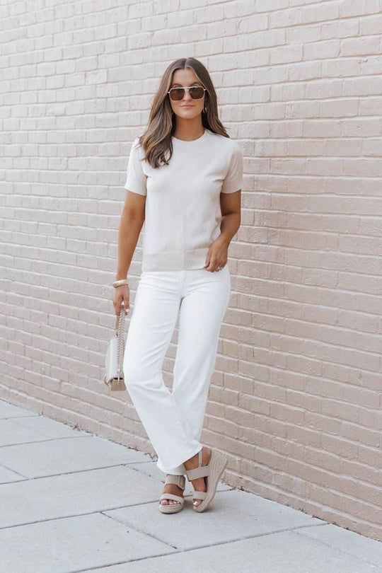 Beige Short Sleeve Crew Neck Sweater - One Revolver Surfboards