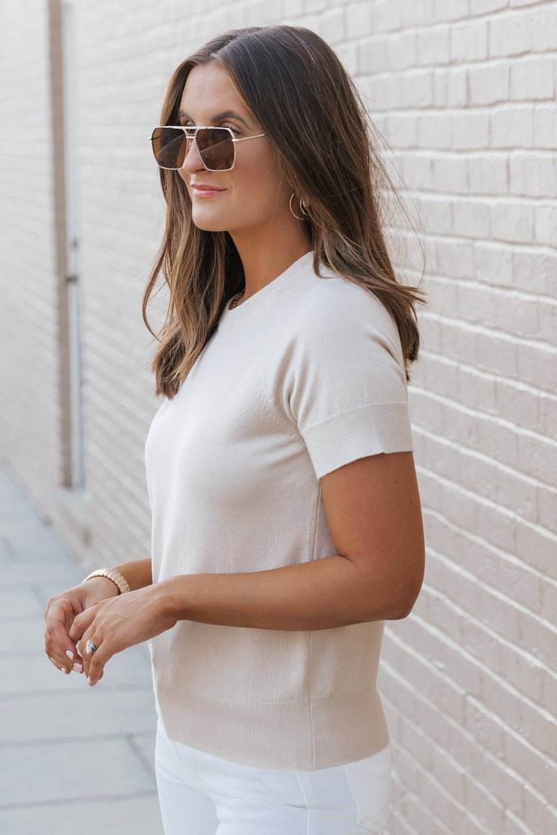 Beige Short Sleeve Crew Neck Sweater - One Revolver Surfboards