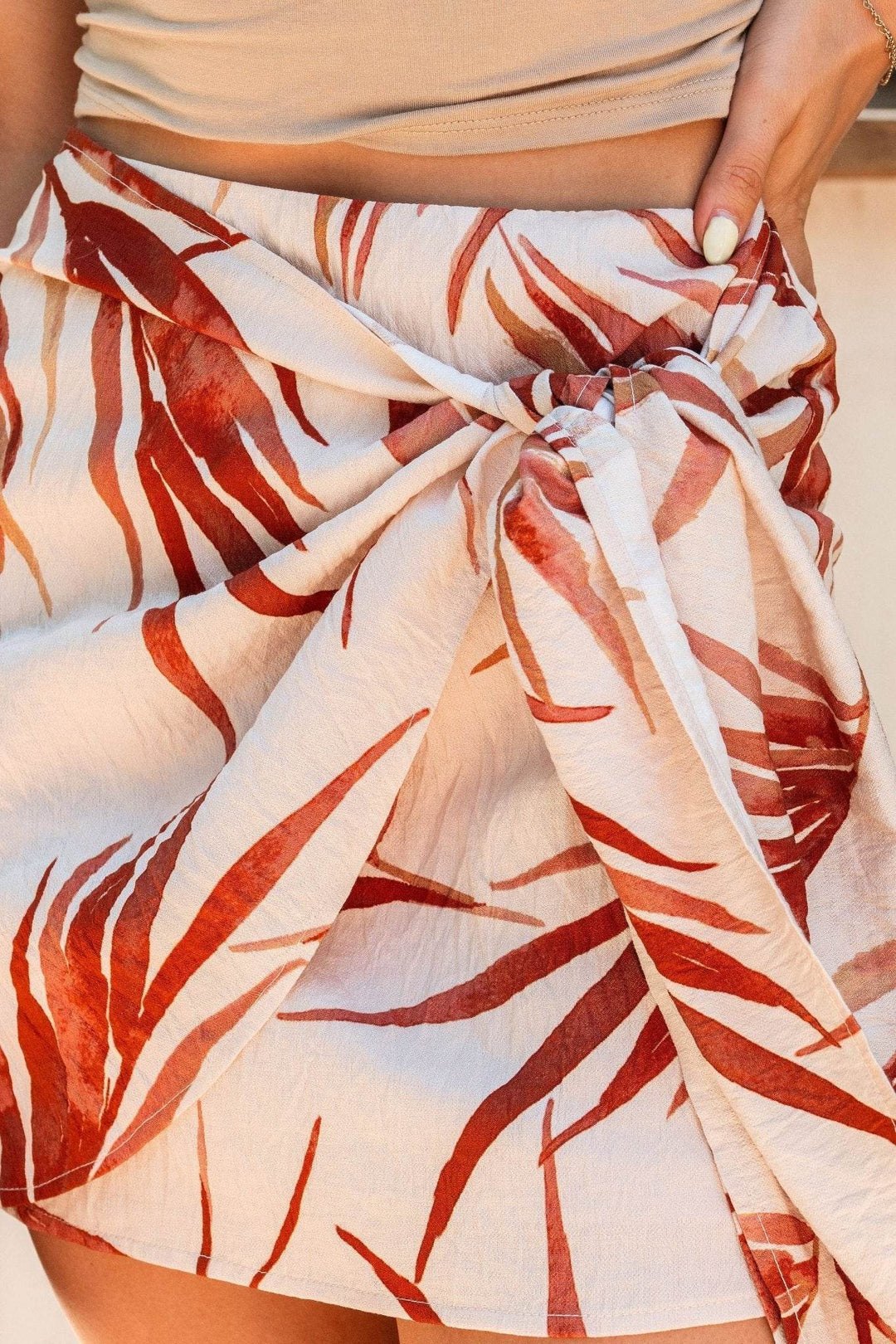 Beige Tropical Floral Print Wrap Tie Mini Skirt - DOORBUSTER - One Revolver Surfboards