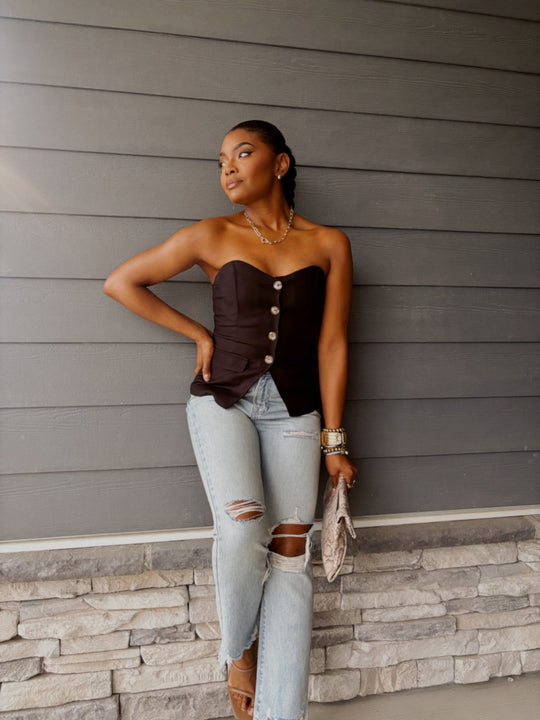 Black Button Front Tube Top - FINAL SALE