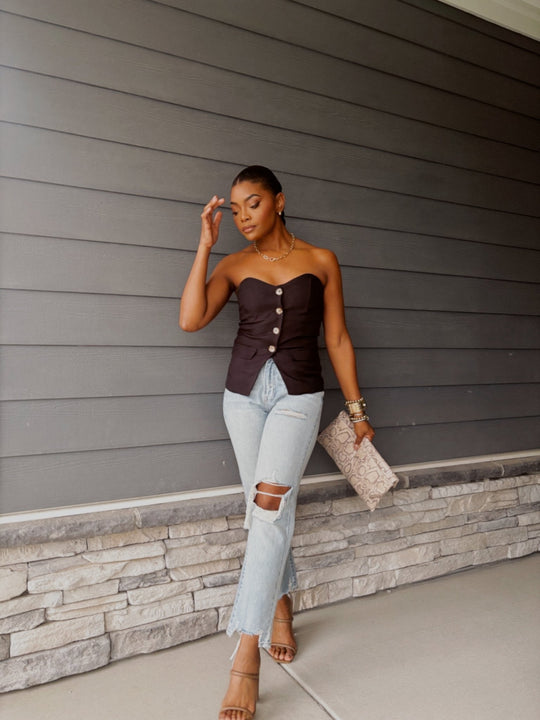 Black Button Front Tube Top - FINAL SALE