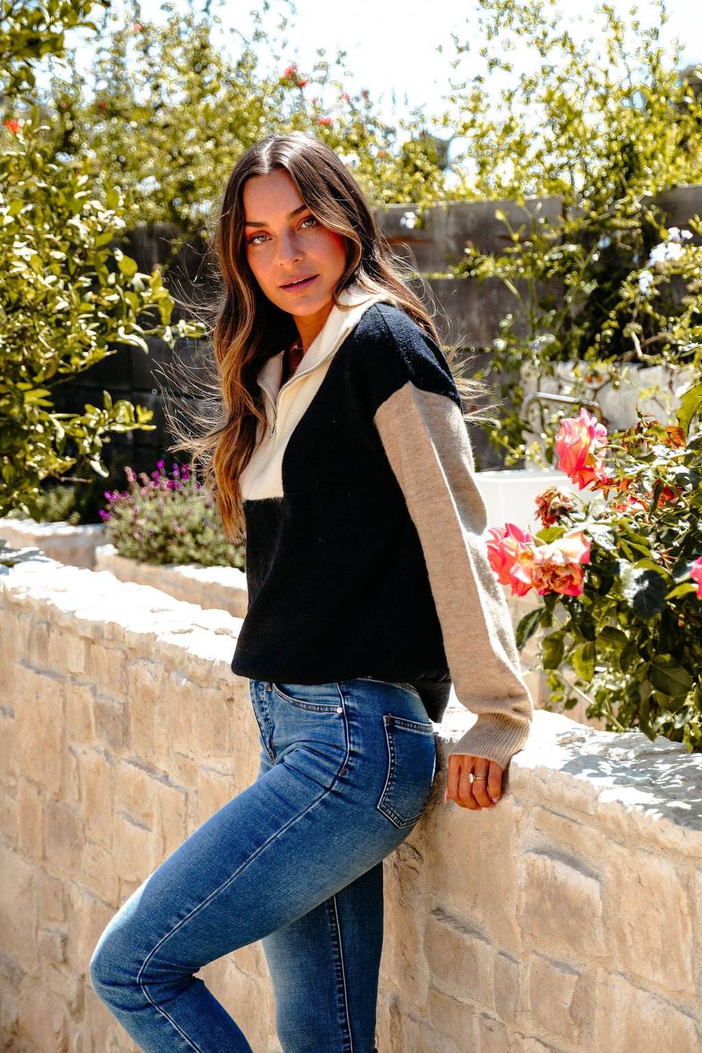 Black Color Block Half Zip Sweater - One Revolver Surfboards