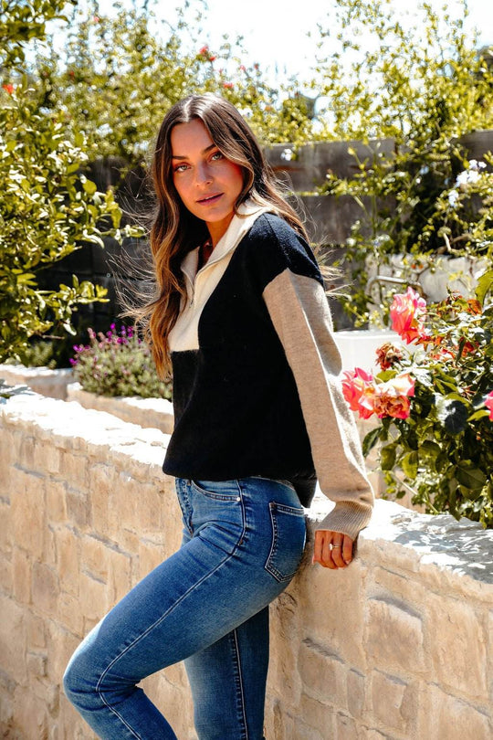 Black Color Block Half Zip Sweater - One Revolver Surfboards