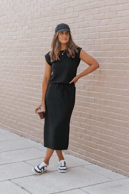 Black Drawstring Slit Midi Dress - One Revolver Surfboards