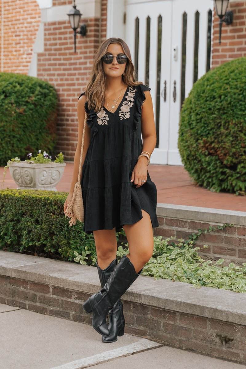 Black Embroidered Tiered Mini Dress - One Revolver Surfboards