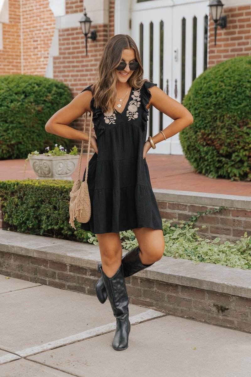 Black Embroidered Tiered Mini Dress - One Revolver Surfboards