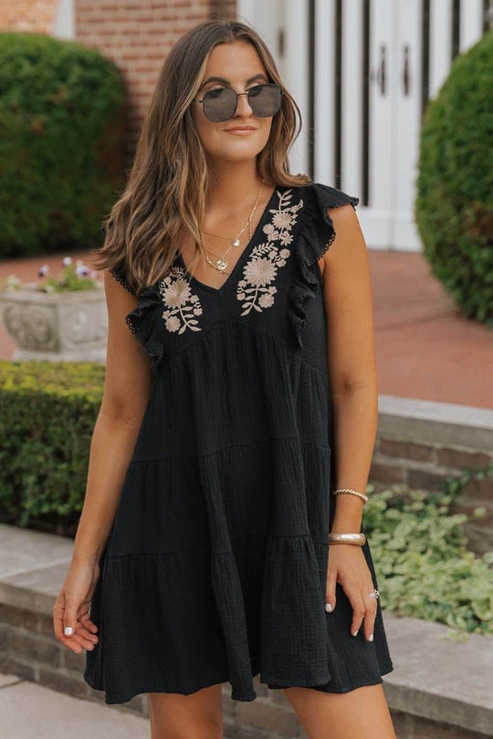 Black Embroidered Tiered Mini Dress - One Revolver Surfboards