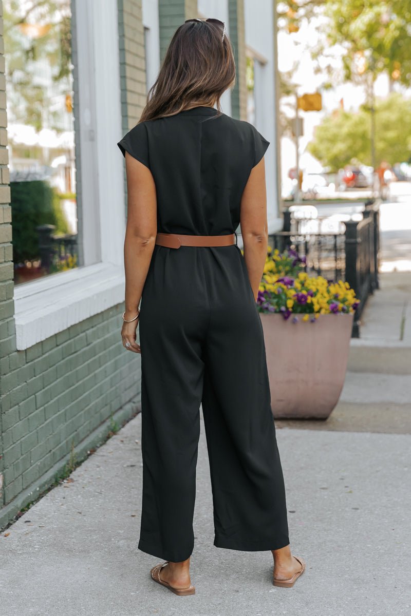 Black Short Sleeve Belted Jumpsuit