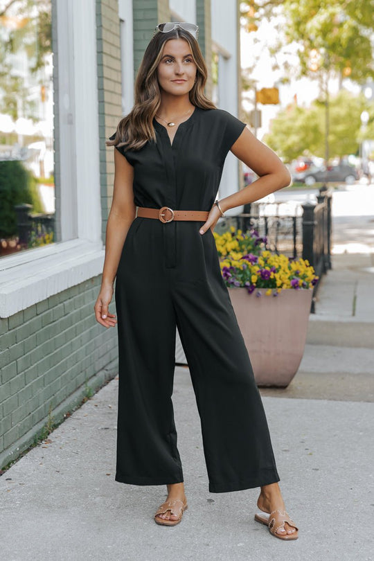 Black Short Sleeve Belted Jumpsuit
