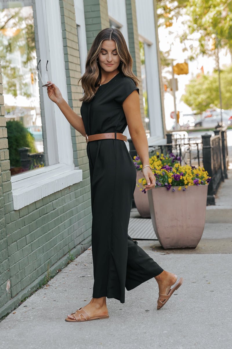 Black Short Sleeve Belted Jumpsuit
